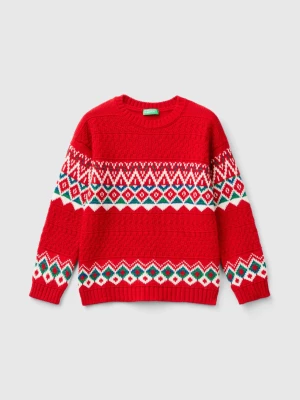 Benetton, Jacquard Sweater In Wool Blend, size 82, Red, Kids United Colors of Benetton