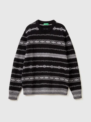 Benetton, Jacquard Sweater, Size: XS, Black, Men United Colors of Benetton