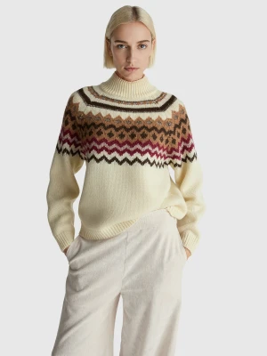 Benetton, Jacquard Turtleneck Sweater, Size: XS-S, Creamy White, Women United Colors of Benetton