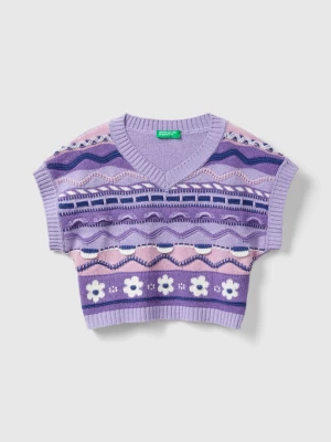 Benetton, Jacquard Vest In Recycled Cotton Blend, size S, Lilac, Kids United Colors of Benetton