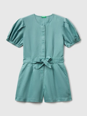 Benetton, Jumpsuit With Sash In Linen Blend, size XL, Aqua, Kids United Colors of Benetton