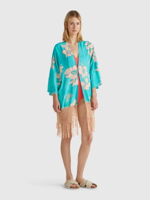 Benetton, Kimono Sweater With Floral Print, size XS-S, Aqua, Women United Colors of Benetton