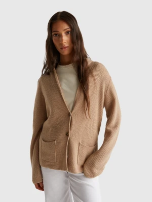 Benetton, Knit Jacket In Wool And Cashmere Blend, Size: XXS, Beige, Women United Colors of Benetton