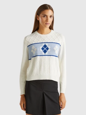 Benetton, Knit Sweater With Inlay, size M, Creamy White, Women United Colors of Benetton