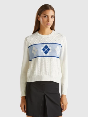 Benetton, Knit Sweater With Inlay, size XL, Creamy White, Women United Colors of Benetton