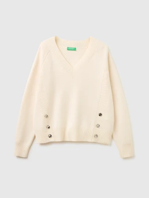 Benetton, Knit Sweater With V-neck, Size: XS, Creamy White, Women United Colors of Benetton