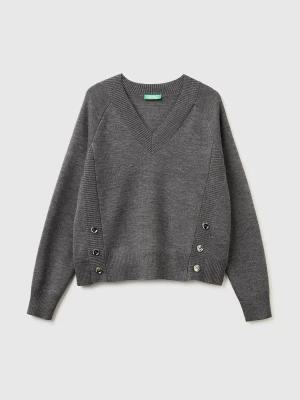Benetton, Knit Sweater With V-neck, Size: XS, Dark Gray, Women United Colors of Benetton