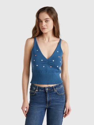 Benetton, Knit Tank Top With Flower Embroidery, size XS, Air Force Blue, Women United Colors of Benetton