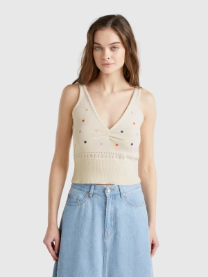 Benetton, Knit Tank Top With Flower Embroidery, size M, Creamy White, Women United Colors of Benetton