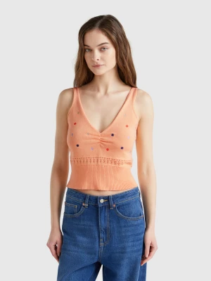 Benetton, Knit Tank Top With Flower Embroidery, size XS, Peach, Women United Colors of Benetton