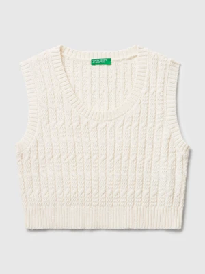 Benetton, Knit Vest With Cables, size XL, Creamy White, Kids United Colors of Benetton
