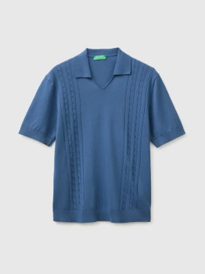 Benetton, Knitted Polo Shirt With Cables, Size: XL, Blue, Men United Colors of Benetton
