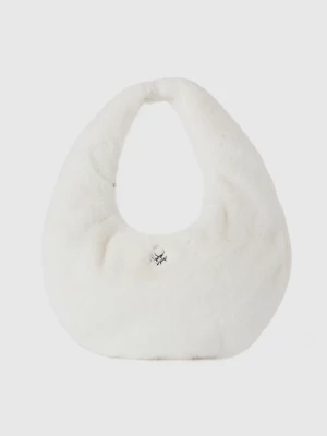 Benetton, Large Crescent Moon Bag In Faux Fur, size OS, Creamy White, Women United Colors of Benetton