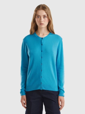 Benetton, Light Blue Crew Neck Cardigan In Pure Merino Wool, size S, Light Blue, Women United Colors of Benetton