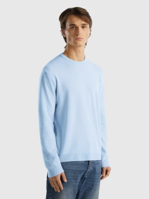 Benetton, Light Blue Crew Neck Sweater In Pure Merino Wool, size XL, Sky Blue, Men United Colors of Benetton