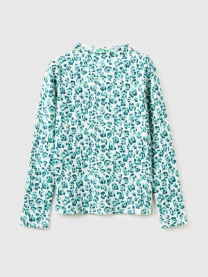 Benetton, Light Blue Turtleneck T-shirt With Animal Print, Size: XL, Aqua, Kids United Colors of Benetton