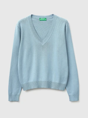 Benetton, Light Blue V-neck Sweater In Tricot Cotton, Size: XS, Light Blue, Women United Colors of Benetton