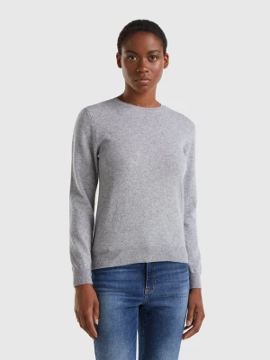 Benetton, Light Gray Crew Neck Sweater In Merino Wool, size L, Light Gray, Women United Colors of Benetton