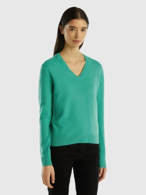Benetton, Light Green V-neck Sweater In Pure Merino Wool, size L, Light Green, Women United Colors of Benetton