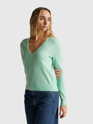 Benetton, Light Green V-neck Sweater In Pure Merino Wool, Size: XXS, Light Green, Women United Colors of Benetton