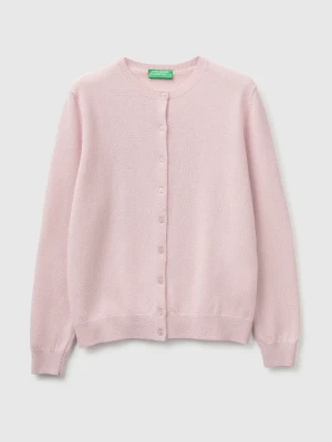 Benetton, Light Lilac Crew Neck Cardigan In Pure Merino Wool, Size: XS, Soft Pink, Women United Colors of Benetton