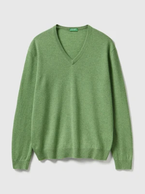 Benetton, Light Marl Green V-neck Sweater In Pure Merino Wool, Size: XS, Light Green, Men United Colors of Benetton