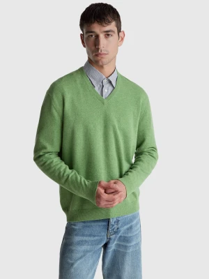 Benetton, Light Marl Green V-neck Sweater In Pure Merino Wool, Size: XS, Light Green, Men United Colors of Benetton