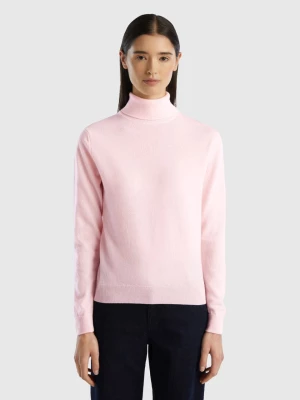 Benetton, Light Pink Turtleneck In Pure Merino Wool, size M, Soft Pink, Women United Colors of Benetton