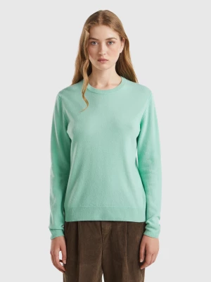 Benetton, Light Teal Crew Neck Sweater In Pure Merino Wool, size XS, Aqua, Women United Colors of Benetton