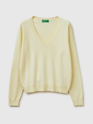 Benetton, Light Yellow V-neck Sweater In Cotton Tricot, Size: XS, Yellow, Women United Colors of Benetton