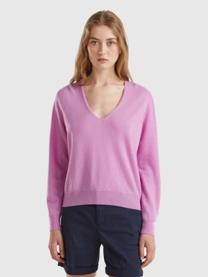 Benetton, Lilac V-neck Sweater In Pure Merino Wool, size XS, Lilac, Women United Colors of Benetton