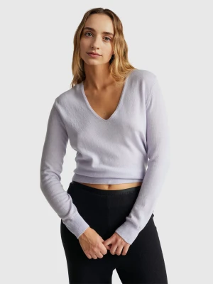 Benetton, Lilac V-neck Sweater In Pure Merino Wool, Size: XXS, Lilac, Women United Colors of Benetton