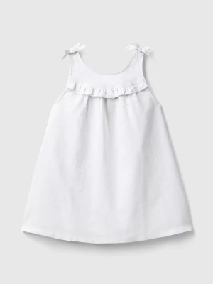 Benetton, Linen Blend Dress With Rouches, size 110, White, Kids United Colors of Benetton