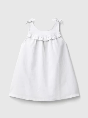 Benetton, Linen Blend Dress With Rouches, size 116, White, Kids United Colors of Benetton