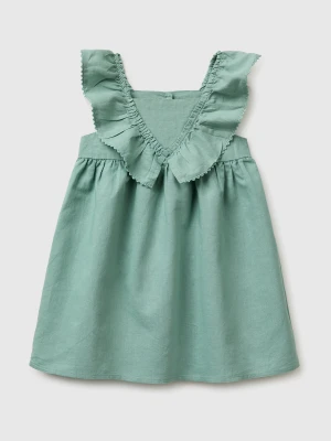 Benetton, Linen Blend Dress With Ruffles, Size: 110, Aqua, Kids United Colors of Benetton