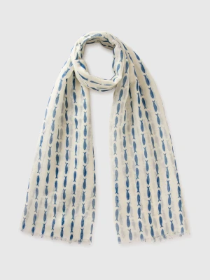 Benetton, Linen Blend Fish Print Scarf, Size: OS, White, Women United Colors of Benetton