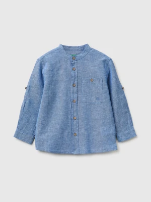 Benetton, Linen Blend Mandarin Collar Shirt, Size: 110, Light Blue, Kids United Colors of Benetton