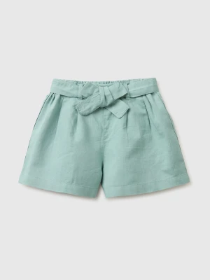Benetton, Linen Blend Shorts With Sash, Aqua, Kids United Colors Of Benetton