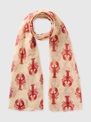 Benetton, Lobster Print Scarf In Linen Blend, Size: OS, Creamy White, Women United Colors of Benetton