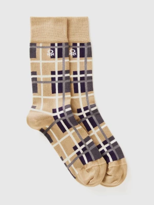 Benetton, Long Beige Tartan Socks, size 36-41, Beige, Women United Colors of Benetton