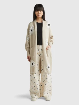 Benetton, Long Cardigan With Floral Inlay, size L, Beige, Women United Colors of Benetton