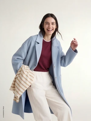 Benetton, Long Coat In Wool Blend, Size: XS, Light Blue, Women United Colors of Benetton