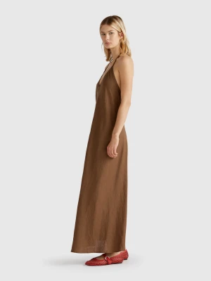 Benetton, Long Dress In Pure Linen, size XXS, Brown, Women United Colors of Benetton