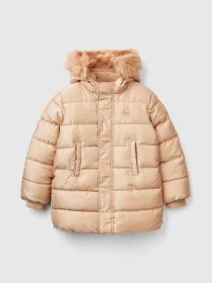 Benetton, Long Padded Jacket In Glossy Nylon, Size: S, Beige, Kids United Colors of Benetton