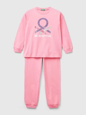 Benetton, Long Pink Pyjamas With Glittery Logo, size 2XL, Pink, Kids United Colors of Benetton