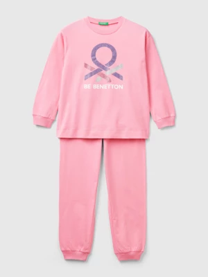 Benetton, Long Pink Pyjamas With Glittery Logo, size XXS, Pink, Kids United Colors of Benetton