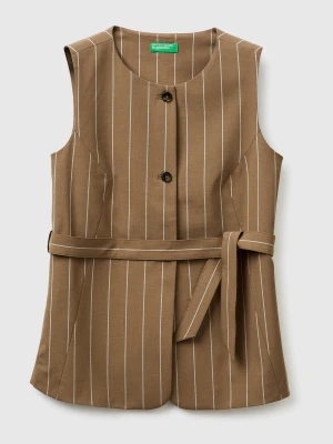 Benetton, Long Pinstriped Waistcoat With Belt, Brown, Women United Colors of Benetton