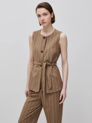 Benetton, Long Pinstriped Waistcoat With Belt, Brown, Women United Colors of Benetton
