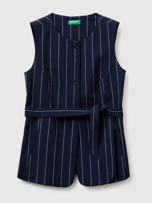 Benetton, Long Pinstriped Waistcoat With Belt, Dark Blue, Women United Colors of Benetton