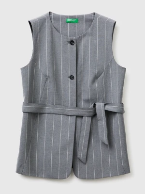 Benetton, Long Pinstriped Waistcoat With Belt, Gray, Women United Colors of Benetton
